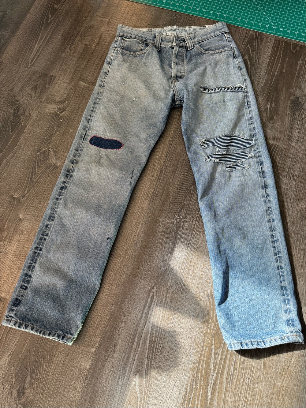 Upcycled Levi's Light Blue Distressed Straight Jeans with patchwork